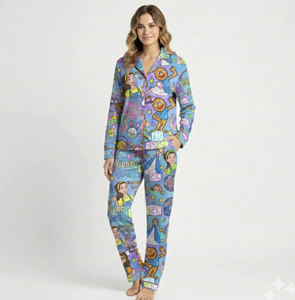 Icky Sticky (Blue) Adult LS and Pants Button-down PJ Set