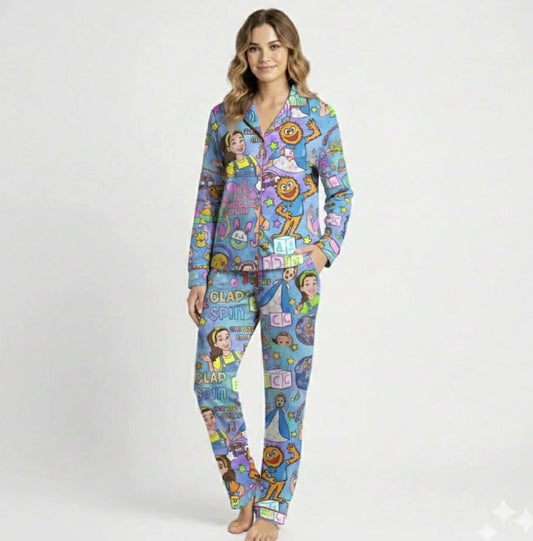 Icky Sticky (Blue) Adult LS and Pants Button-down PJ Set
